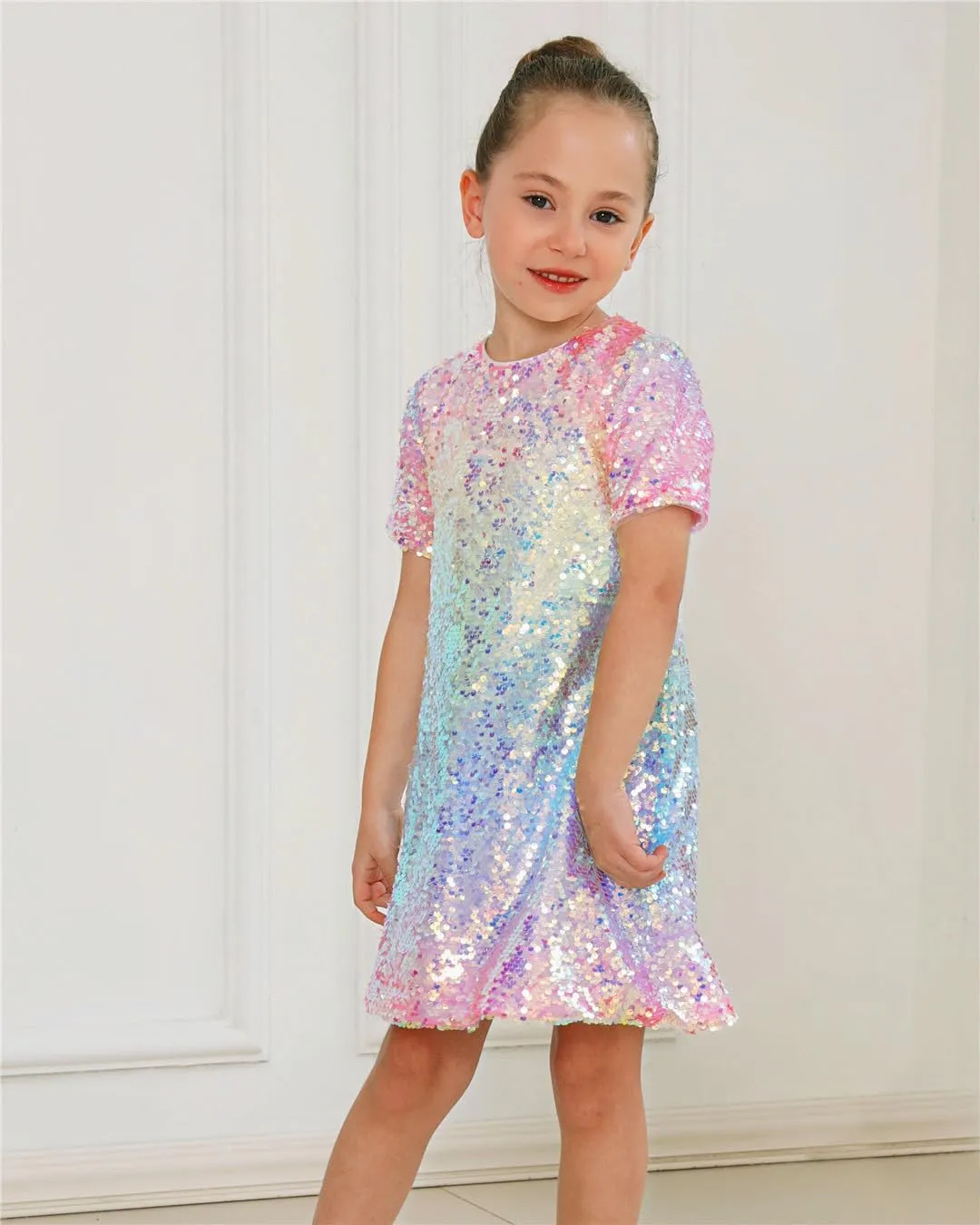 2Bunnies Girls' Ombre Sequin Short Sleeve Dress