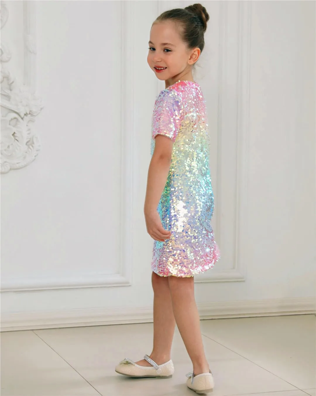 2Bunnies Girls' Ombre Sequin Short Sleeve Dress