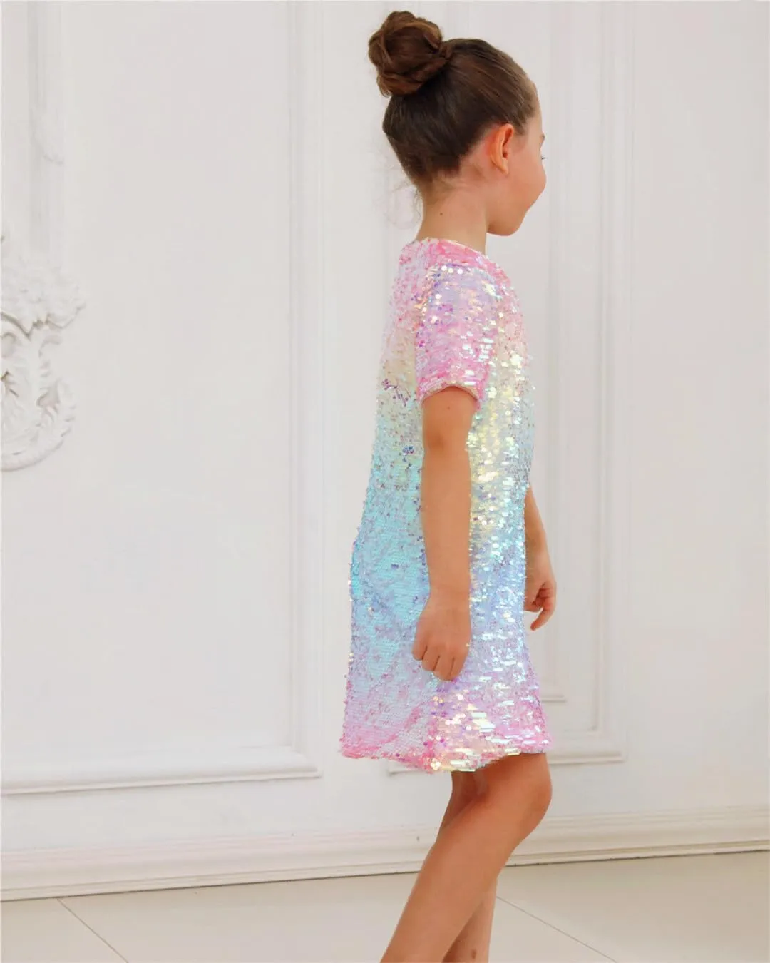 2Bunnies Girls' Ombre Sequin Short Sleeve Dress