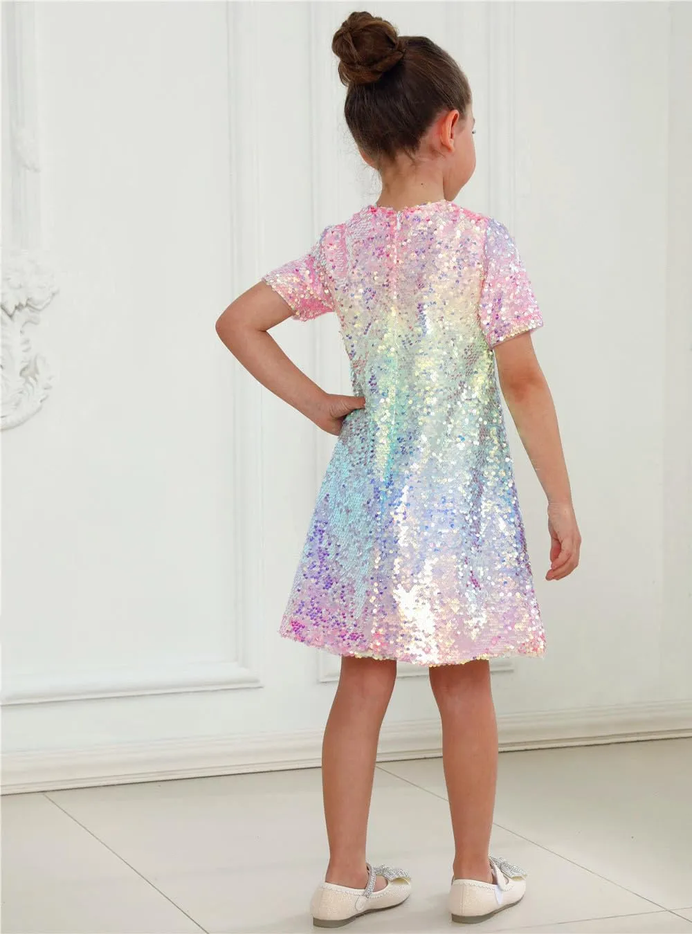 2Bunnies Girls' Ombre Sequin Short Sleeve Dress