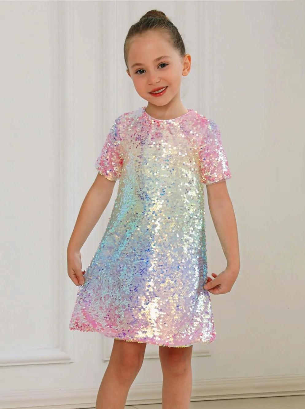 2Bunnies Girls' Ombre Sequin Short Sleeve Dress