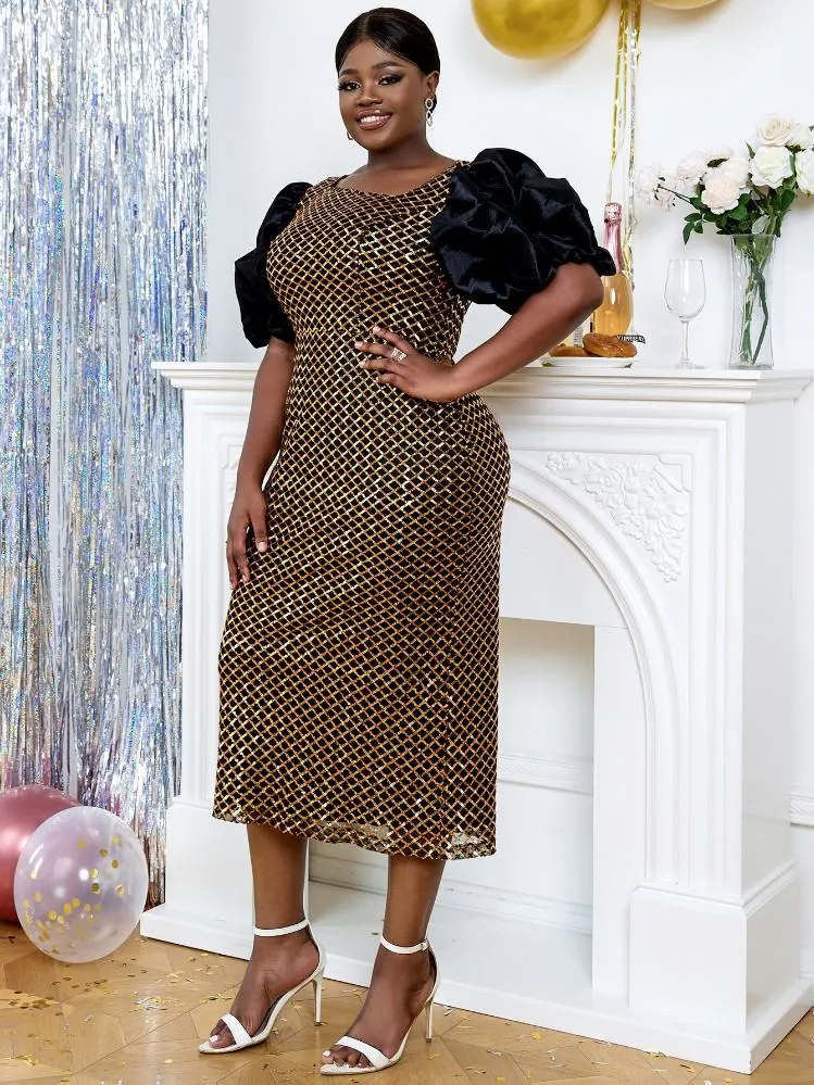 AOMEIDRESS Women Glitter Sequins Church Dress Puff Sleeve Party Wear Gold