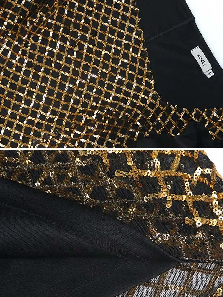 AOMEIDRESS Women Glitter Sequins Church Dress Puff Sleeve Party Wear Gold