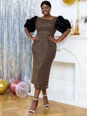 AOMEIDRESS Women Glitter Sequins Church Dress Puff Sleeve Party Wear Gold