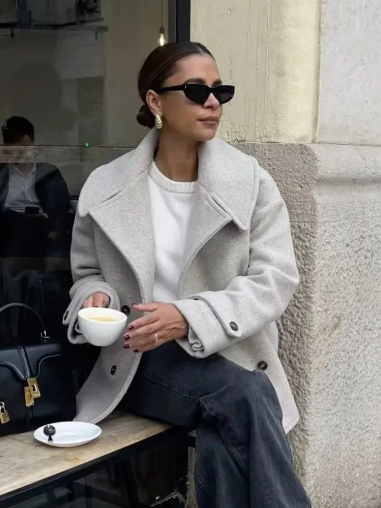 Back To School Joskaa Fashion Double Breasted Classic Women's Woolen Jacket Flip Collar Casual Long Sleeved Pocket Coats Ladies New Commute Outerwear