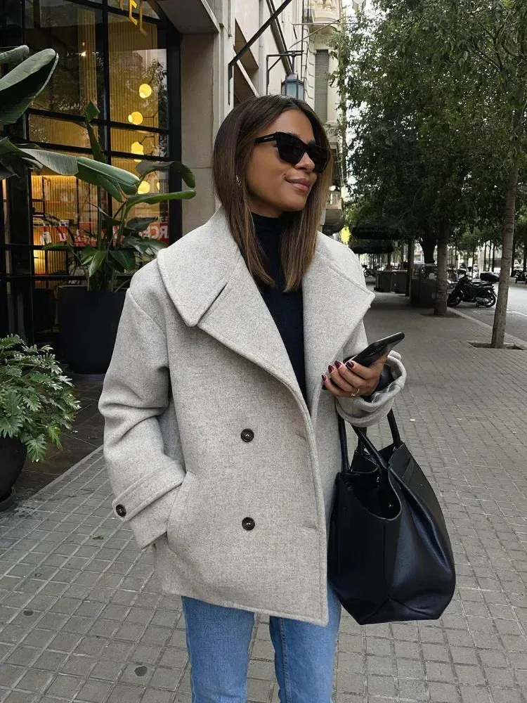 Back To School Joskaa Fashion Double Breasted Classic Women's Woolen Jacket Flip Collar Casual Long Sleeved Pocket Coats Ladies New Commute Outerwear