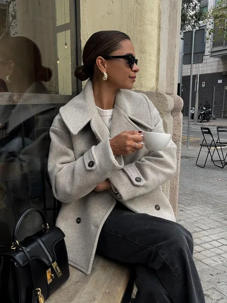 Back To School Joskaa Fashion Double Breasted Classic Women's Woolen Jacket Flip Collar Casual Long Sleeved Pocket Coats Ladies New Commute Outerwear