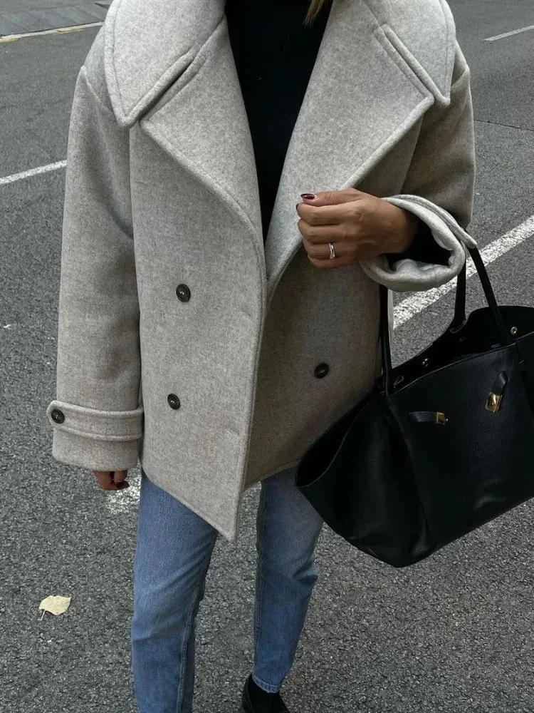 Back To School Joskaa Fashion Double Breasted Classic Women's Woolen Jacket Flip Collar Casual Long Sleeved Pocket Coats Ladies New Commute Outerwear