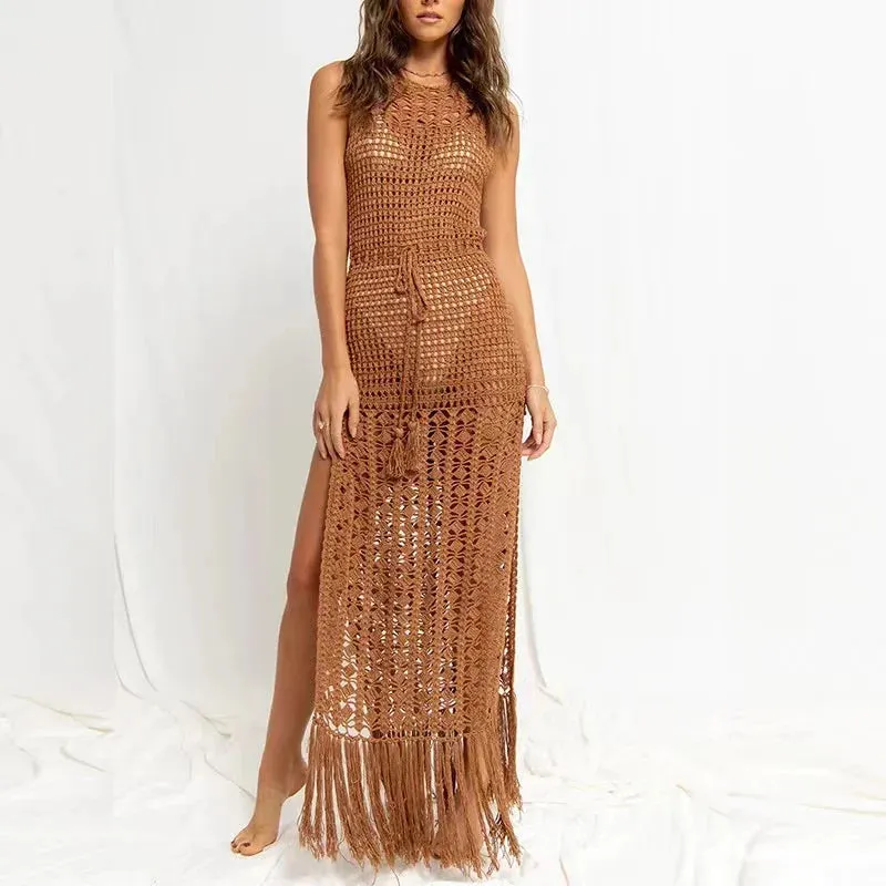 Beach 2024 Out Cover Knitted Sexy Hollow Kimono Tassel Fringe Crochet Ups Dress