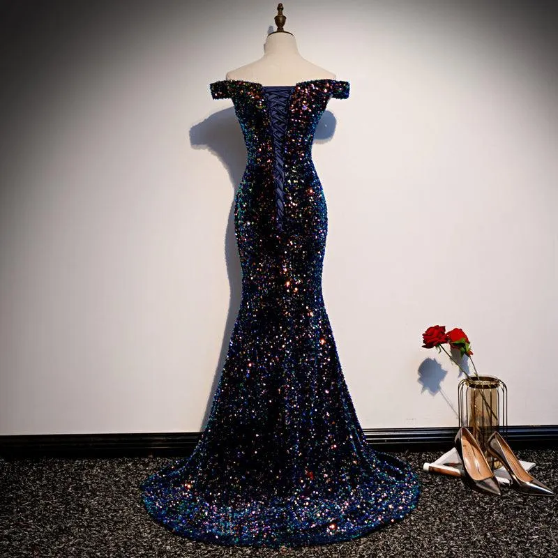 Blue sequin glitter off shoulder evening dress