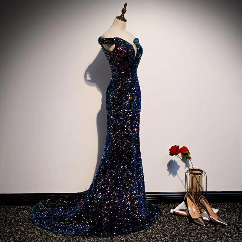 Blue sequin glitter off shoulder evening dress