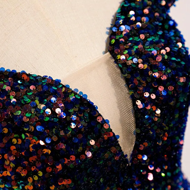 Blue sequin glitter off shoulder evening dress