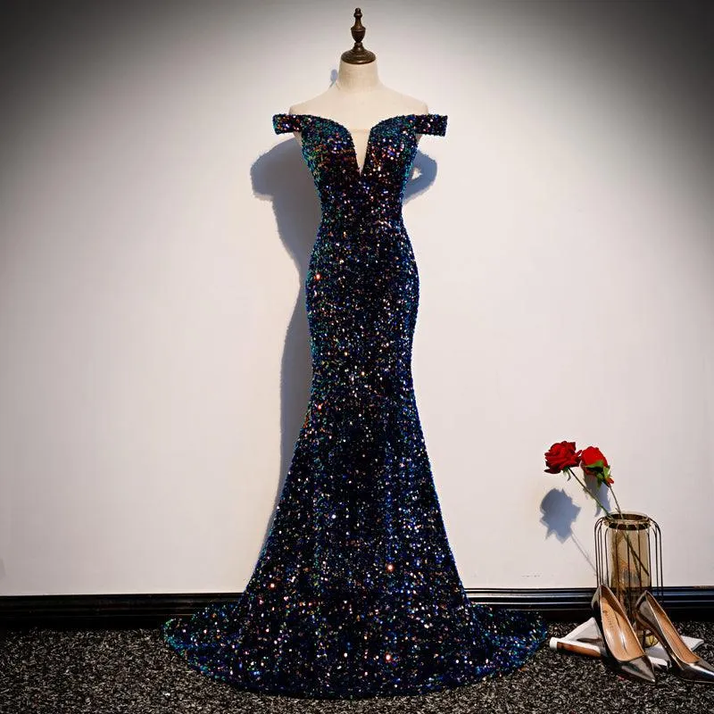 Blue sequin glitter off shoulder evening dress
