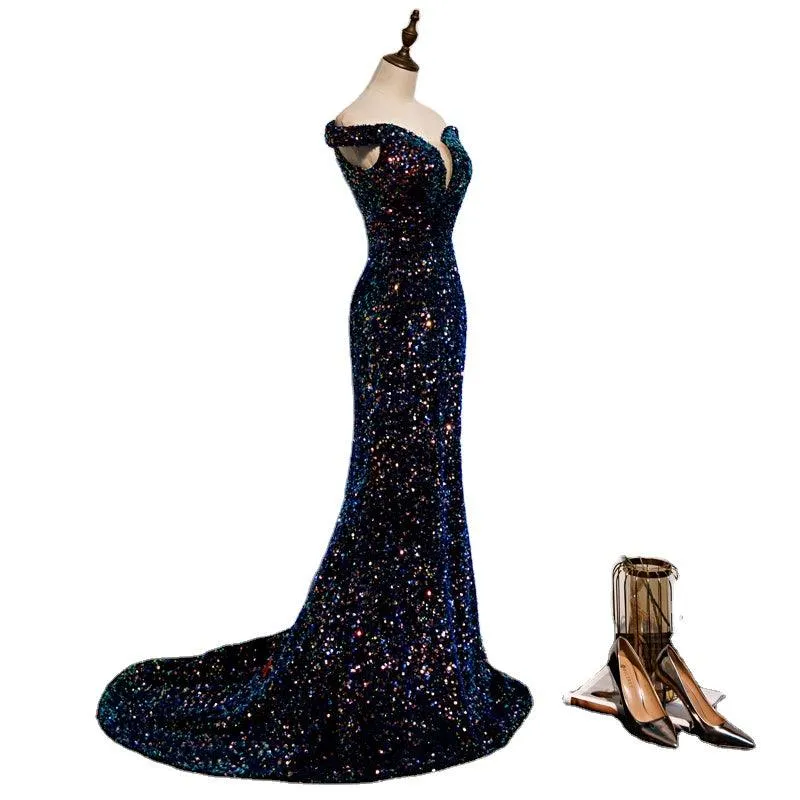 Blue sequin glitter off shoulder evening dress