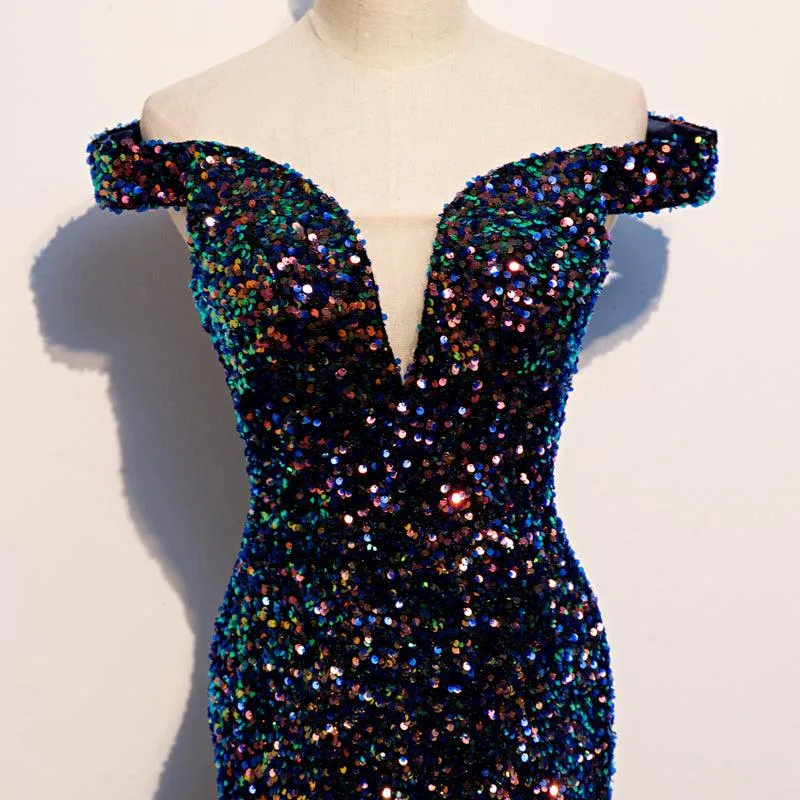 Blue sequin glitter off shoulder evening dress
