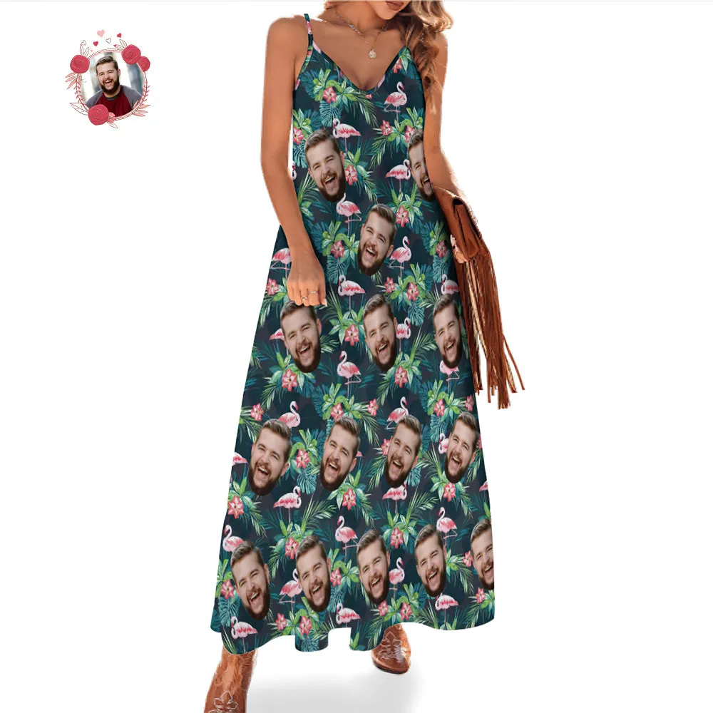 Custom Face Sling Hawaiian Summer Long Dress Flamingo Flower