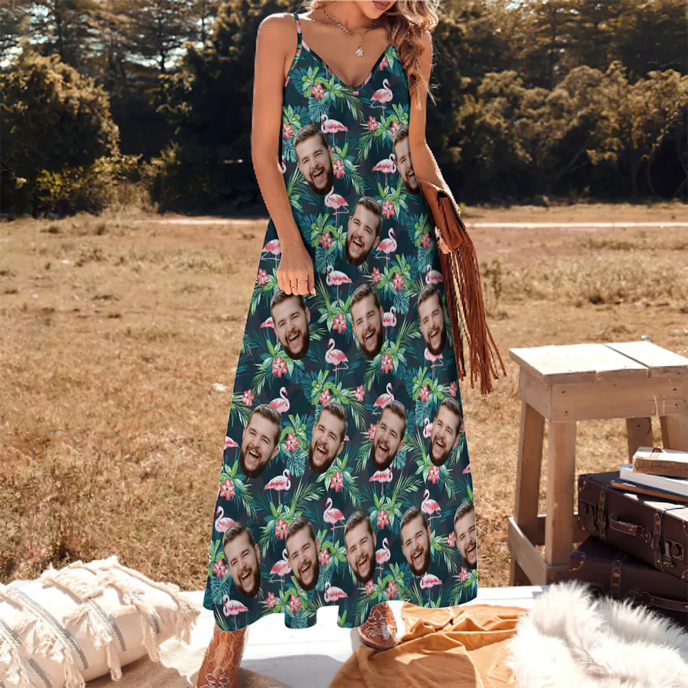 Custom Face Sling Hawaiian Summer Long Dress Flamingo Flower