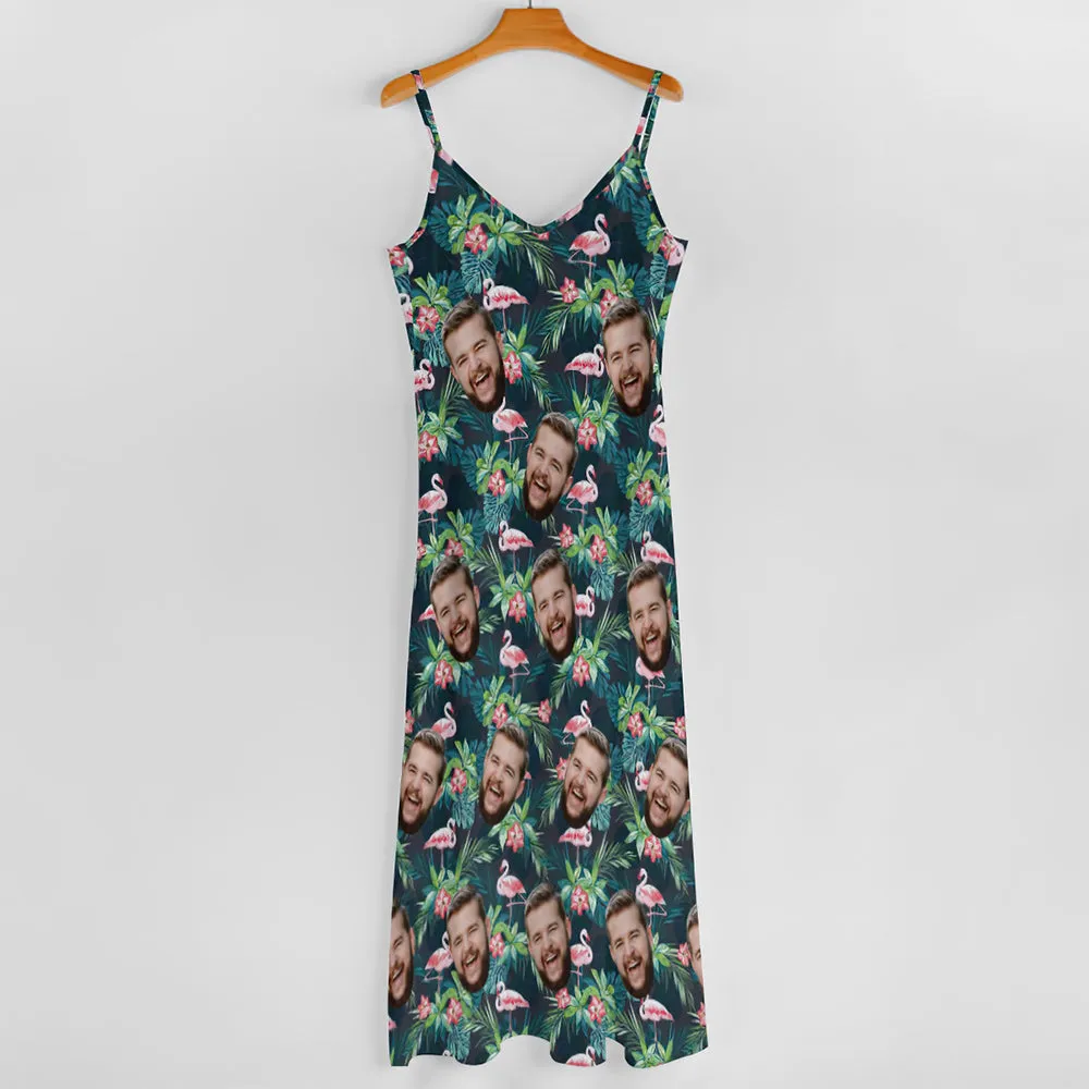 Custom Face Sling Hawaiian Summer Long Dress Flamingo Flower