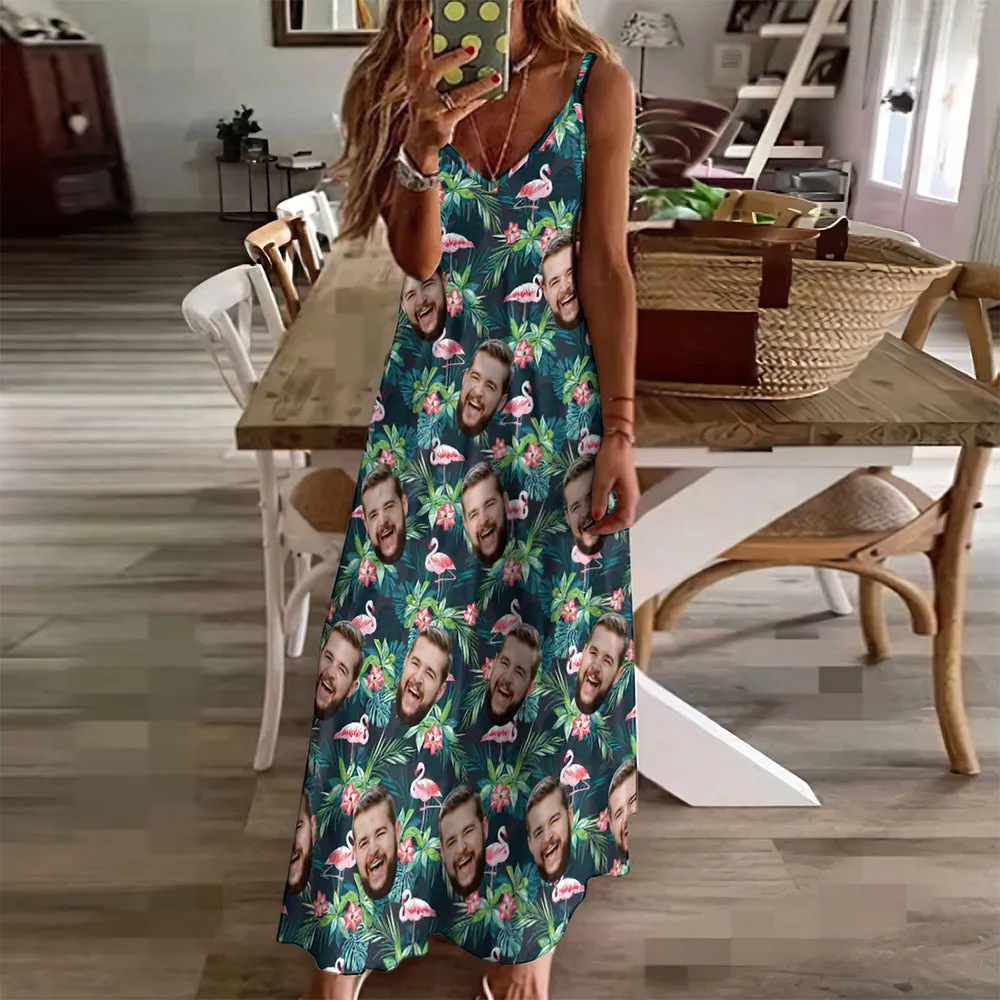 Custom Face Sling Hawaiian Summer Long Dress Flamingo Flower
