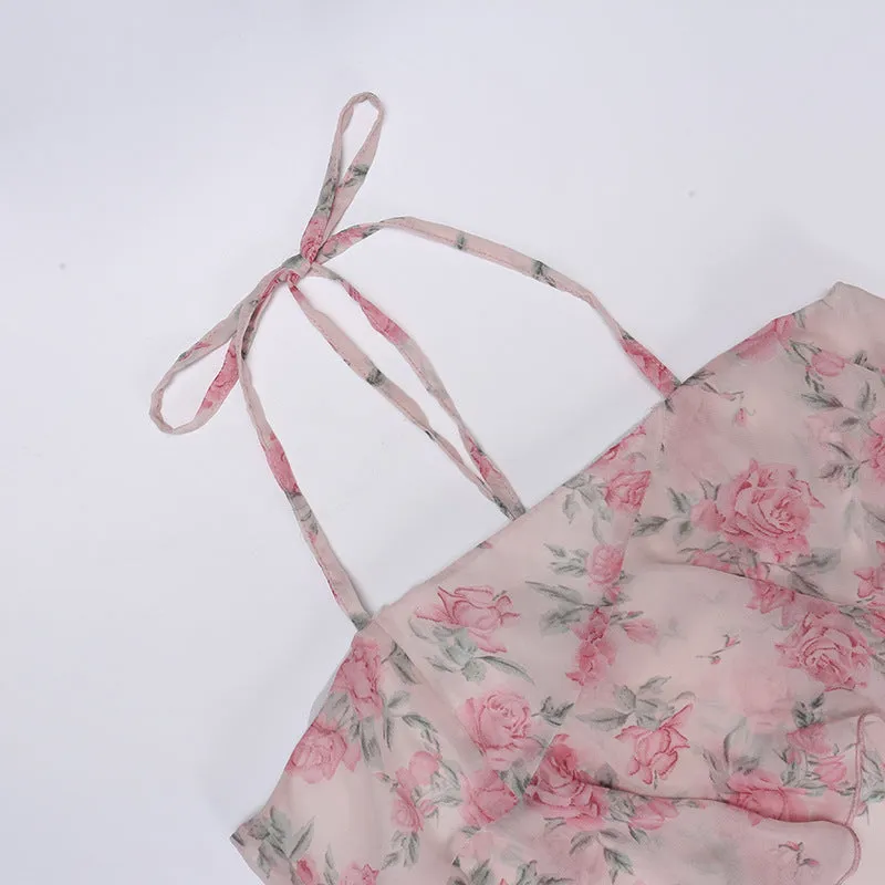 deanwangkt  Floral Print Spaghetti Strap Dresses Mini Women Sexy Backless Halter Neck Spring Summer Ruffle Casual Beach Dress