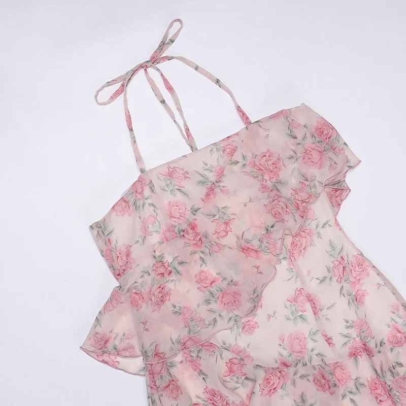 deanwangkt  Floral Print Spaghetti Strap Dresses Mini Women Sexy Backless Halter Neck Spring Summer Ruffle Casual Beach Dress