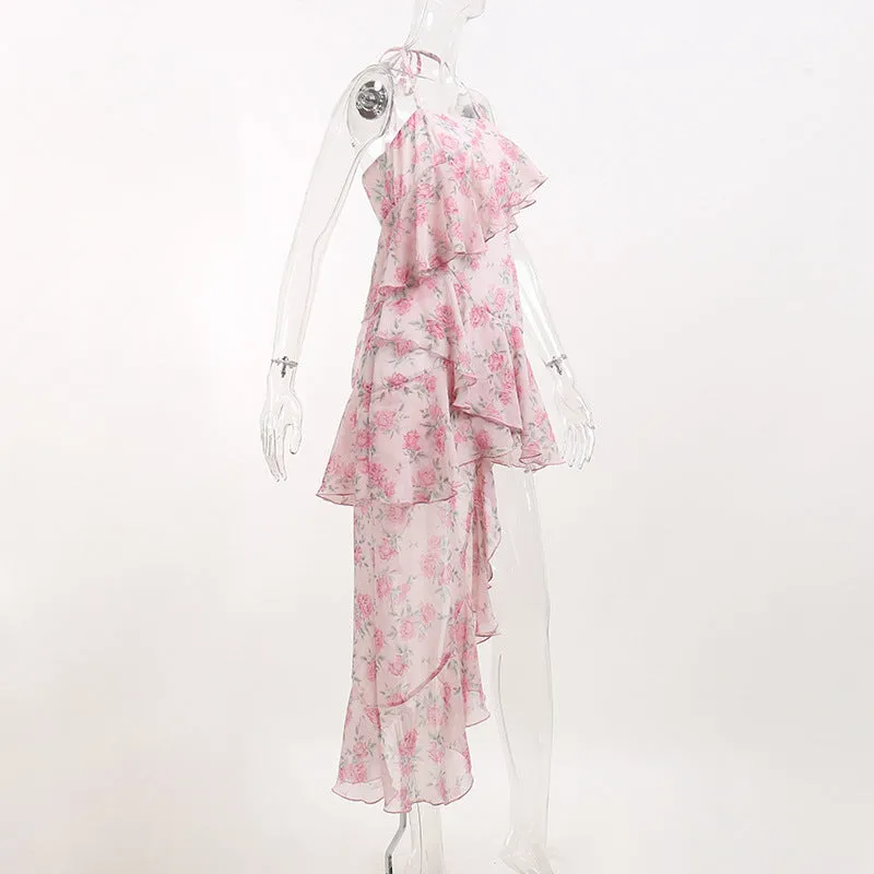 deanwangkt  Floral Print Spaghetti Strap Dresses Mini Women Sexy Backless Halter Neck Spring Summer Ruffle Casual Beach Dress