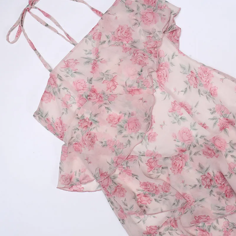 deanwangkt  Floral Print Spaghetti Strap Dresses Mini Women Sexy Backless Halter Neck Spring Summer Ruffle Casual Beach Dress