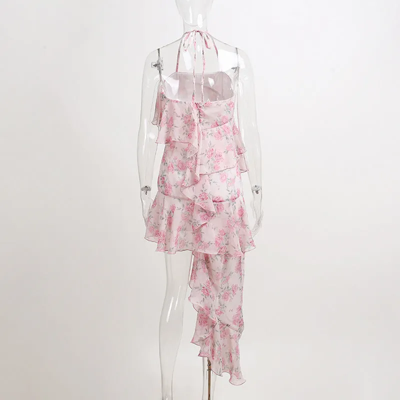 deanwangkt  Floral Print Spaghetti Strap Dresses Mini Women Sexy Backless Halter Neck Spring Summer Ruffle Casual Beach Dress