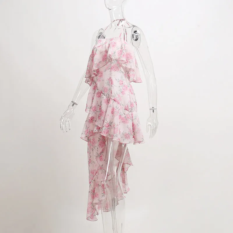 deanwangkt  Floral Print Spaghetti Strap Dresses Mini Women Sexy Backless Halter Neck Spring Summer Ruffle Casual Beach Dress