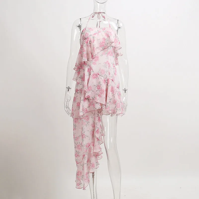 deanwangkt  Floral Print Spaghetti Strap Dresses Mini Women Sexy Backless Halter Neck Spring Summer Ruffle Casual Beach Dress