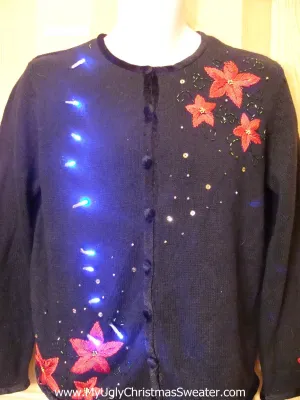 Funny Christmas Sweater with Lights Red Poinsettias