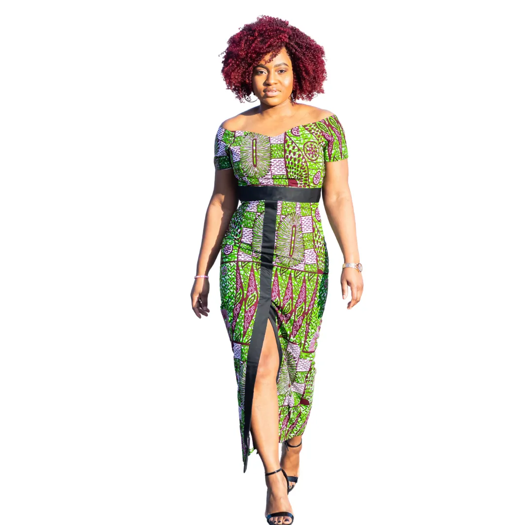 Green Off Shoulder Center Split Dress