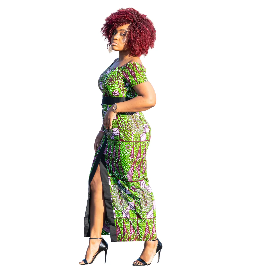 Green Off Shoulder Center Split Dress
