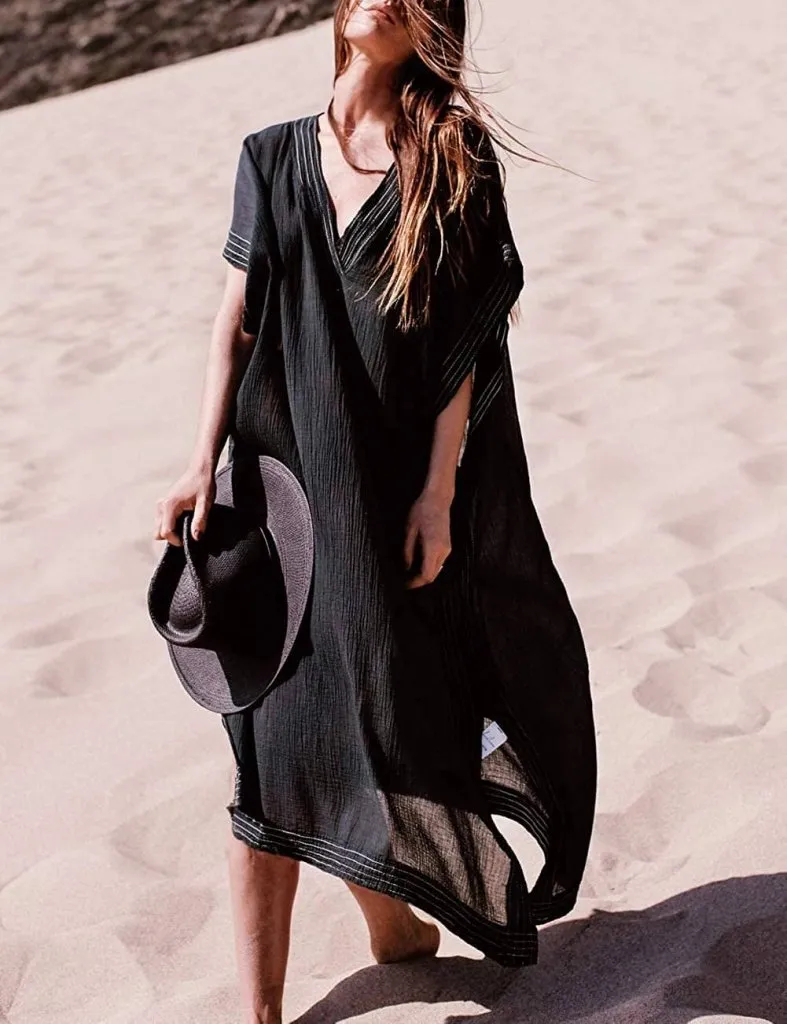 Half Sleeve Kaftan Black Beach Cover Up Dress