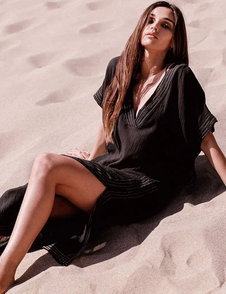Half Sleeve Kaftan Black Beach Cover Up Dress