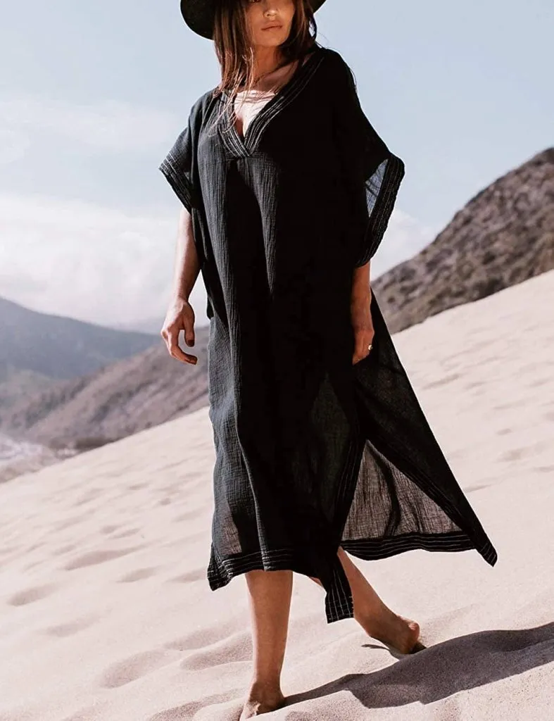 Half Sleeve Kaftan Black Beach Cover Up Dress