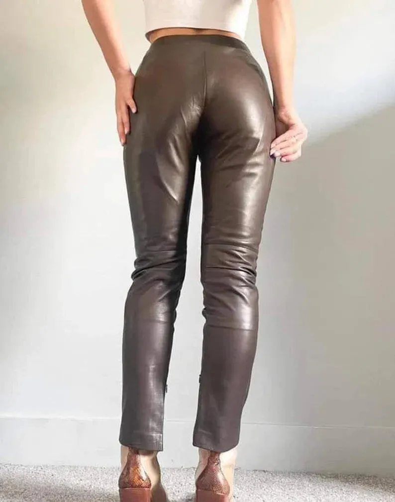 Handmade Lambskin Leather Women's Wide Leg Pants