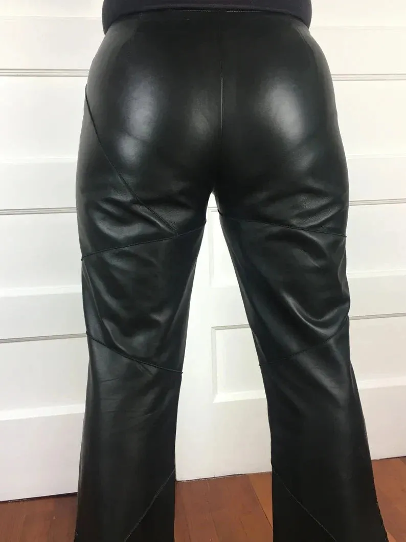 Handmade Lambskin Leather Women's Wide Leg Pants