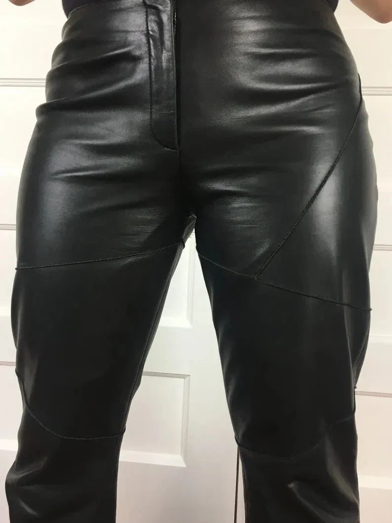 Handmade Lambskin Leather Women's Wide Leg Pants