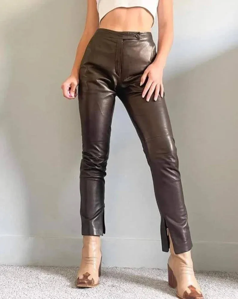 Handmade Lambskin Leather Women's Wide Leg Pants