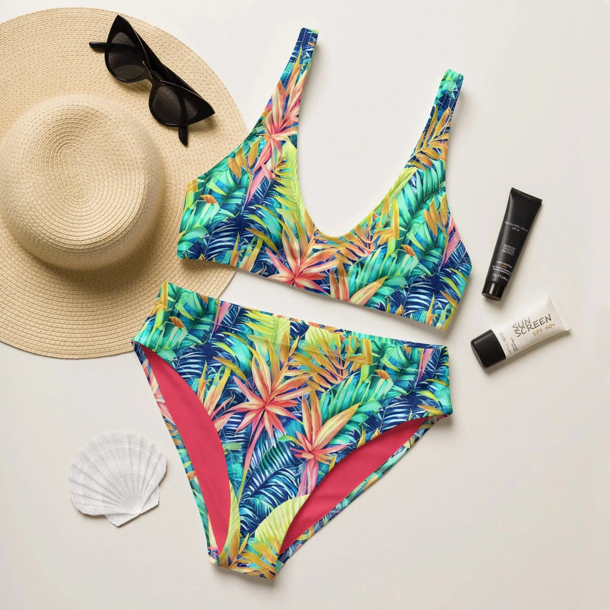 Hawaiian Tropical Leaves Recycled High-Waisted Bikini