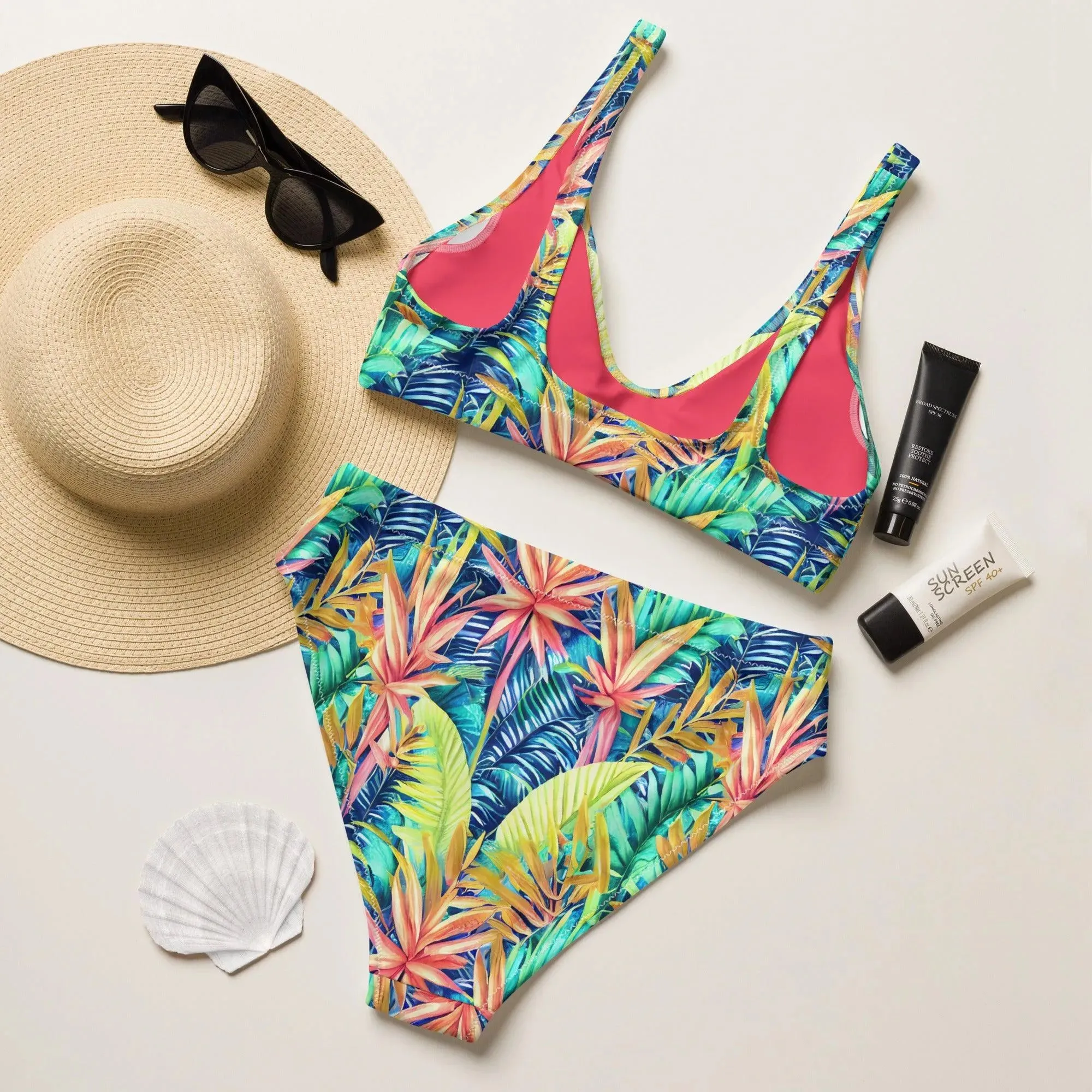 Hawaiian Tropical Leaves Recycled High-Waisted Bikini