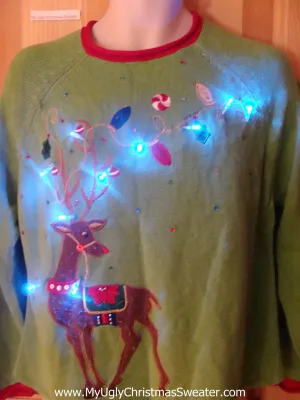 Light Up Ugly Xmas Sweater Pullover Festive Reindeer