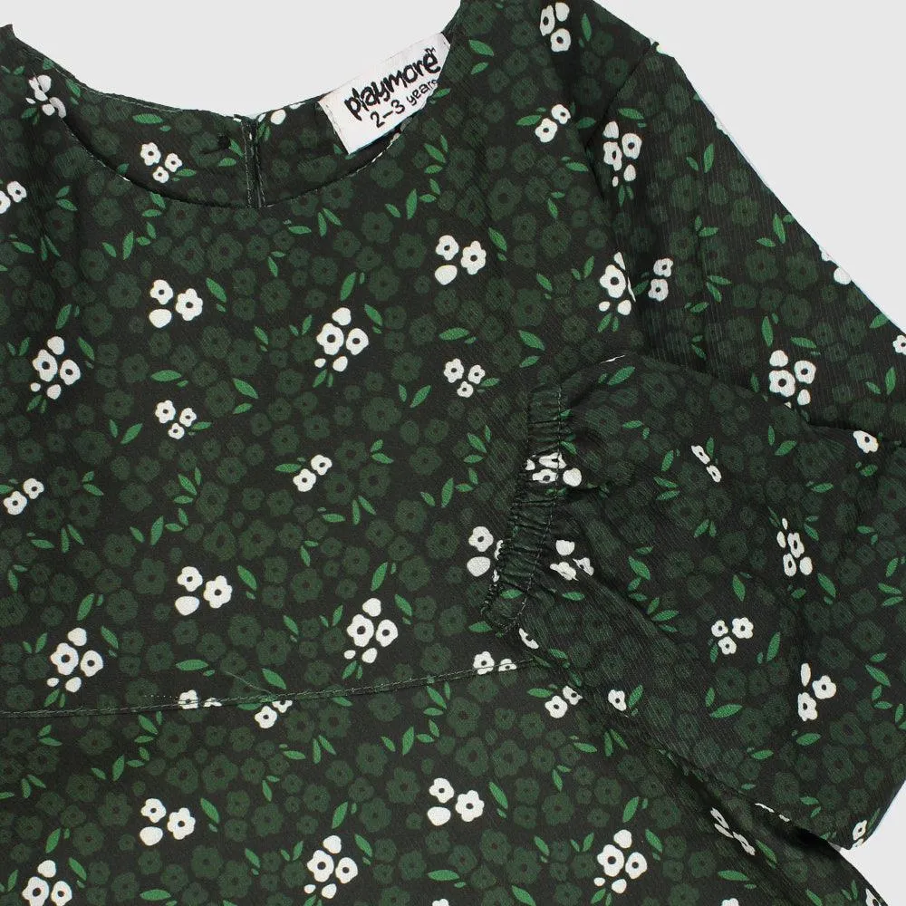 Long-Sleeved Green Flowers Dress