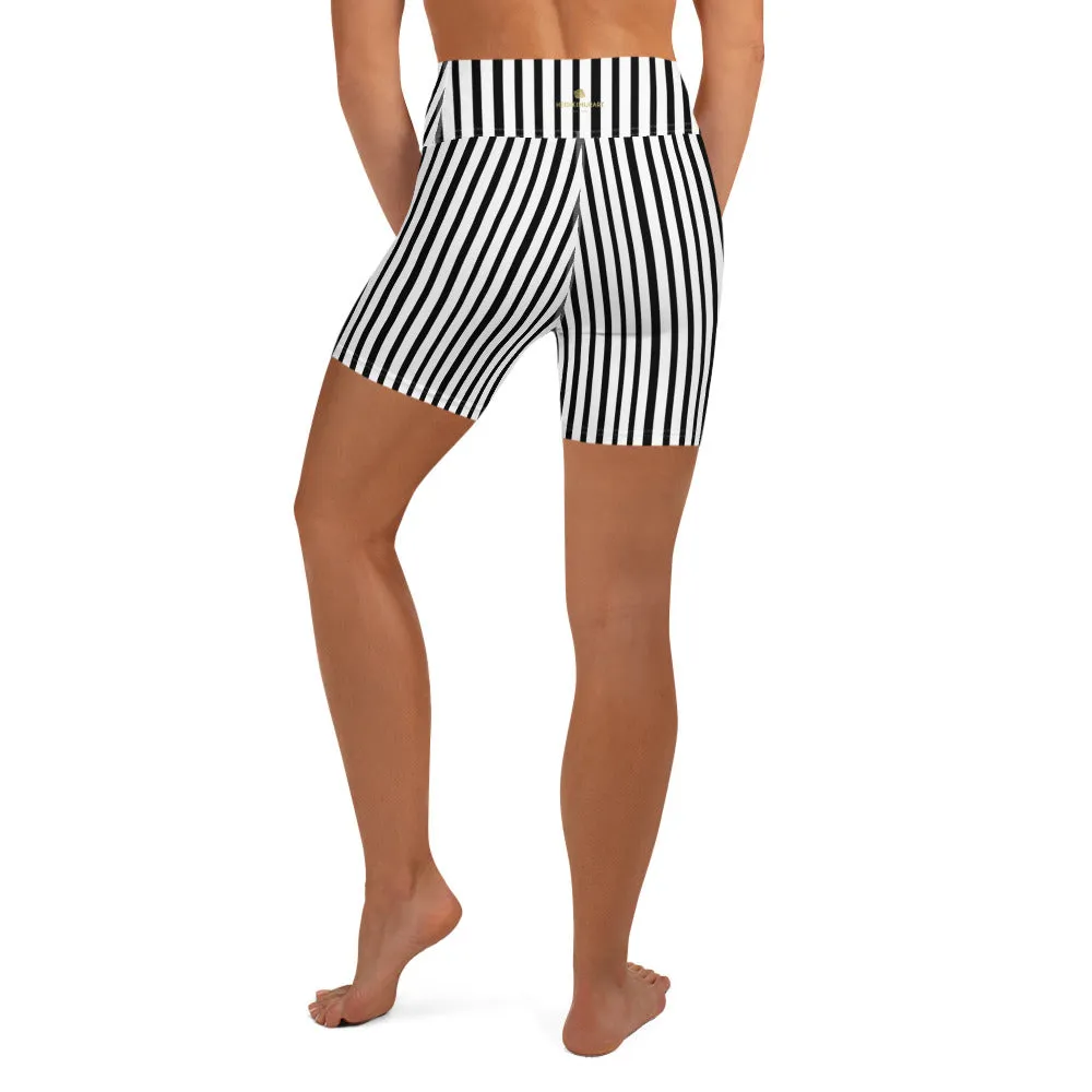 Modern Striped Yoga Shorts, Best Black White Stripes Print Women's Elastic Fitness Yoga Shorts- Made in USA/EU