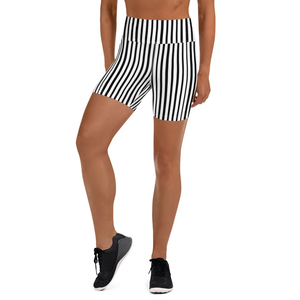 Modern Striped Yoga Shorts, Best Black White Stripes Print Women's Elastic Fitness Yoga Shorts- Made in USA/EU