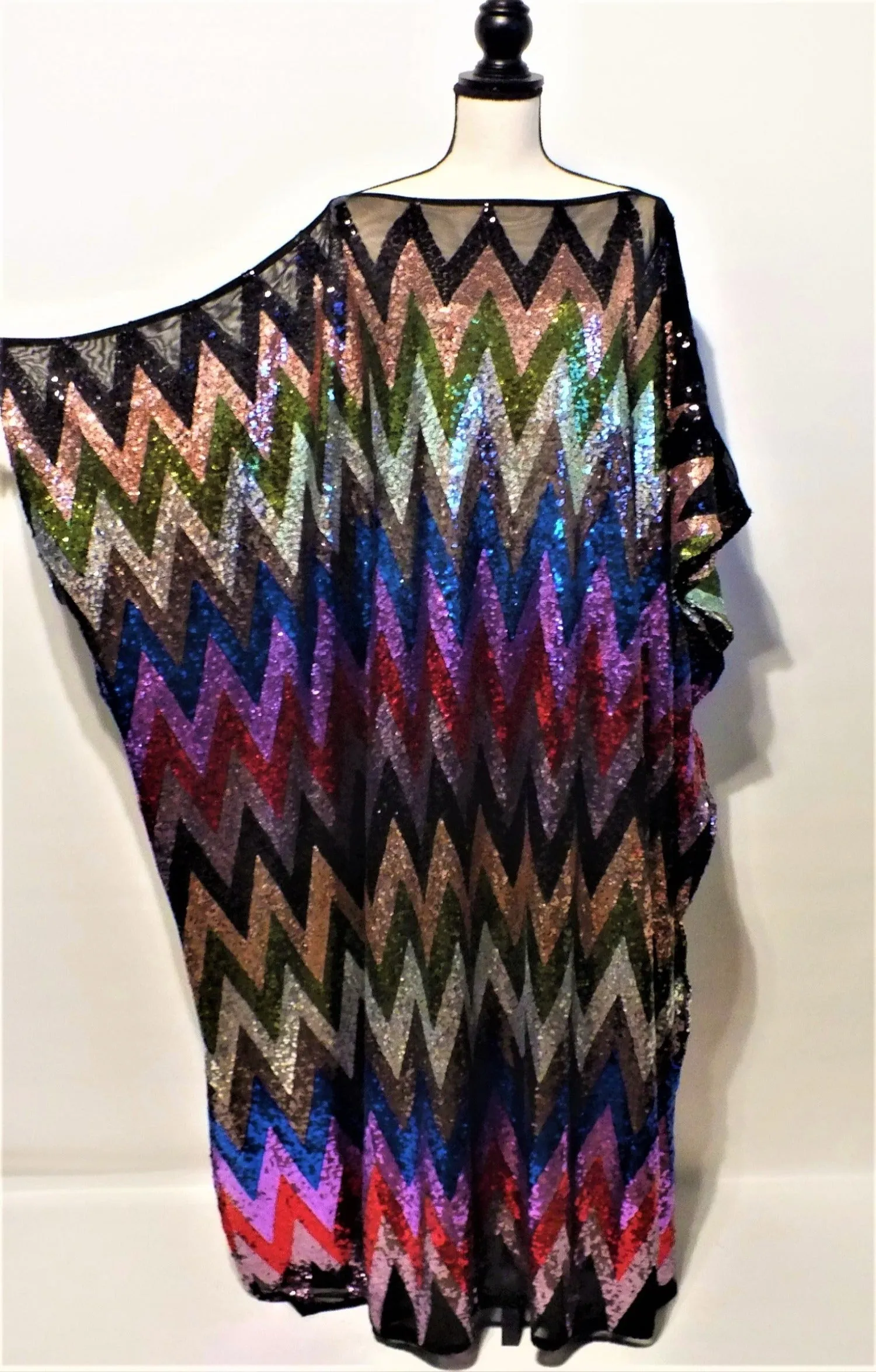 Multi Color Chevron Rainbow Sequin Party Dress Caftan Kimono One Size