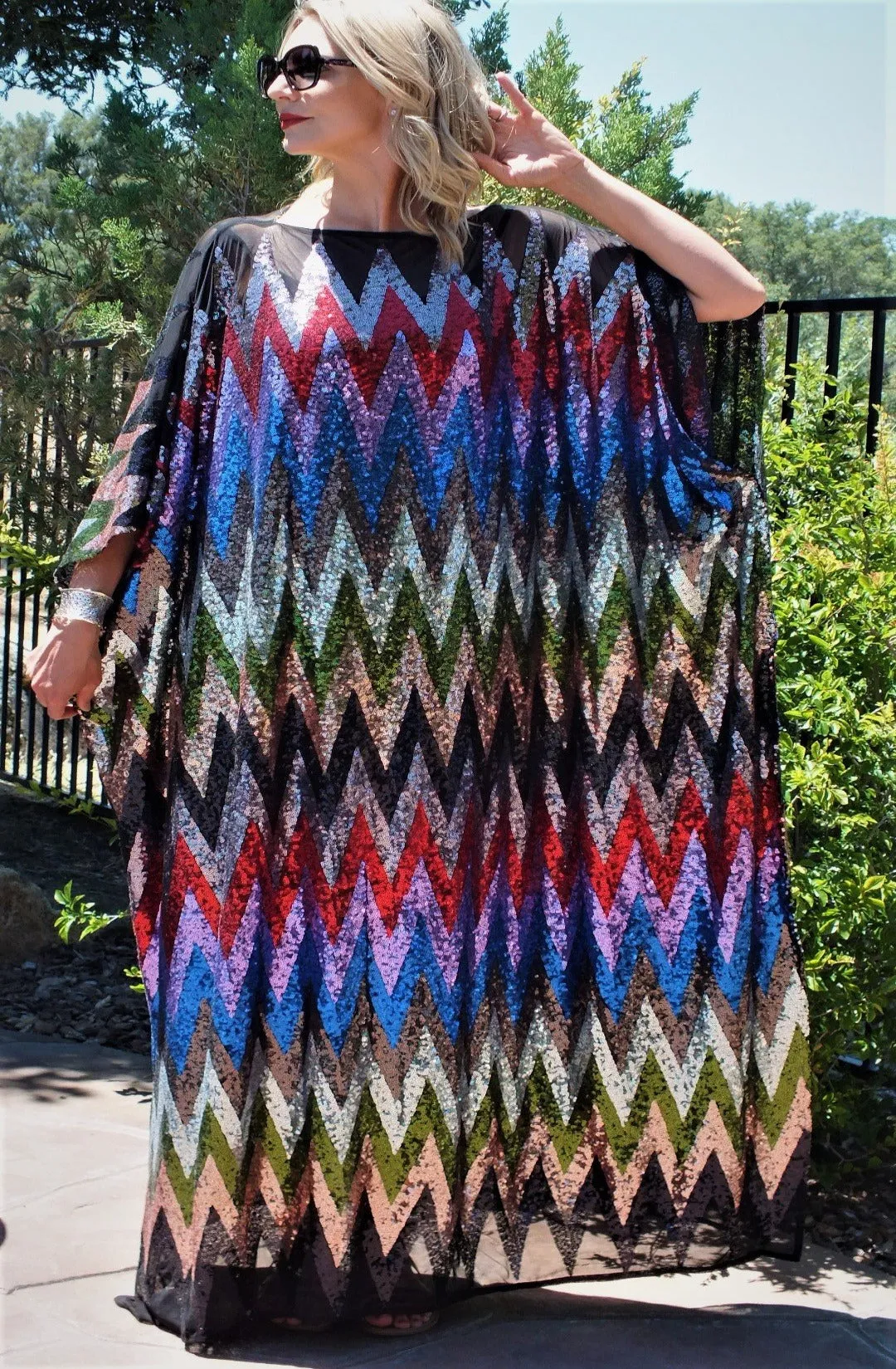 Multi Color Chevron Rainbow Sequin Party Dress Caftan Kimono One Size