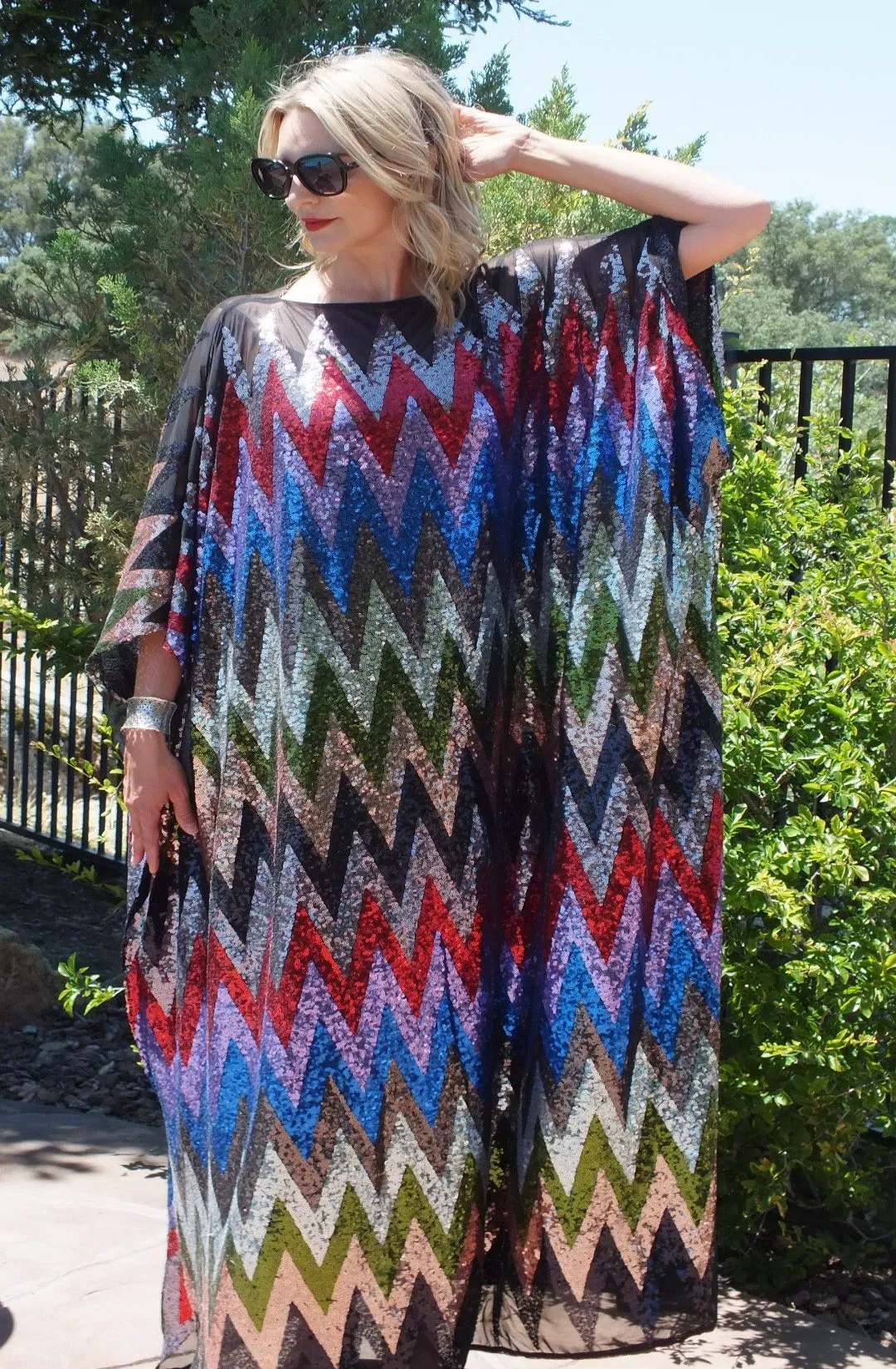 Multi Color Chevron Rainbow Sequin Party Dress Caftan Kimono One Size