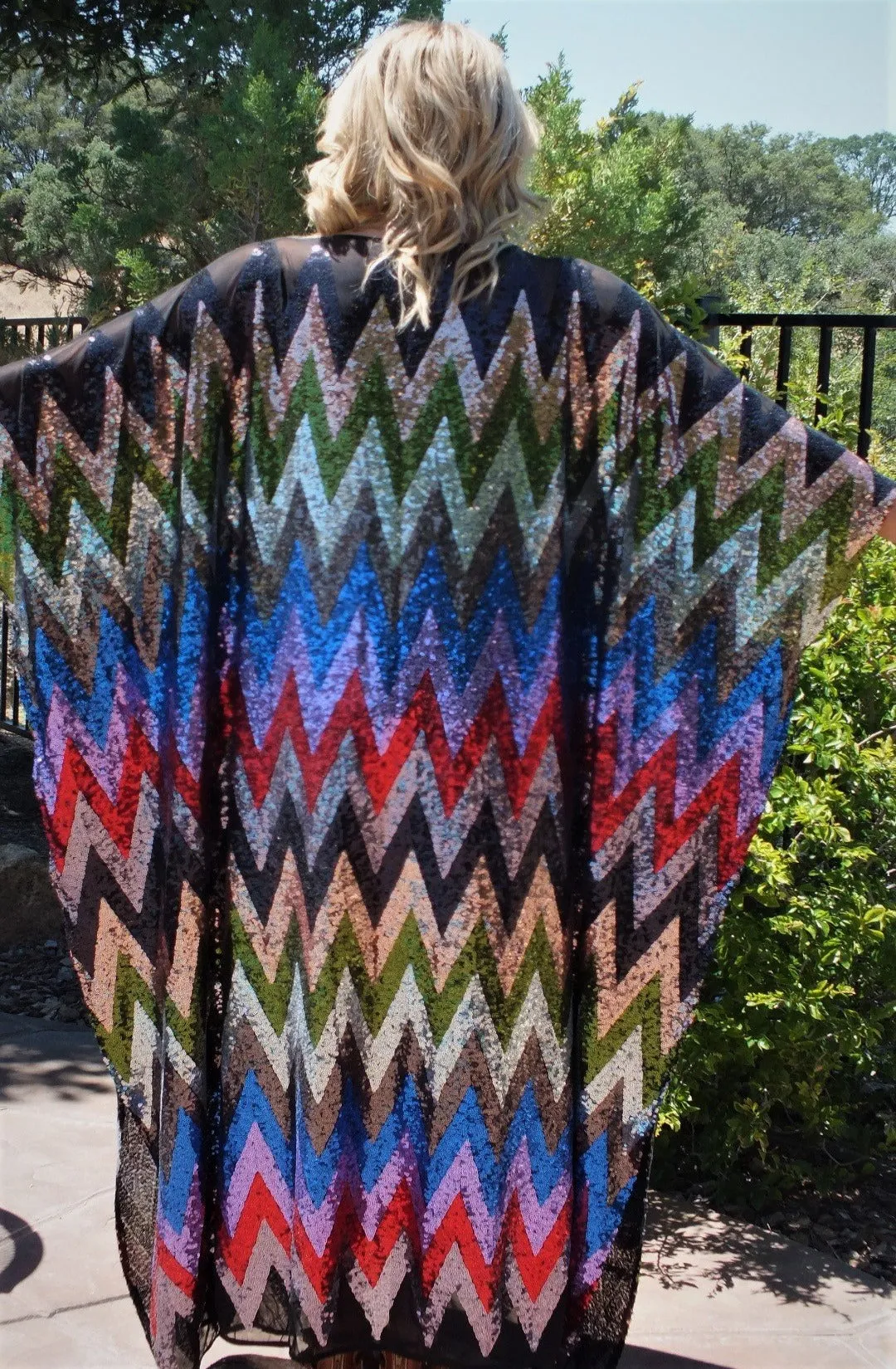 Multi Color Chevron Rainbow Sequin Party Dress Caftan Kimono One Size